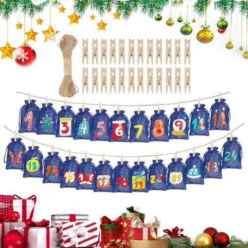 Tomma adventskalenderväskor, återanvändbar 24 dagars julnedräkning | Hängande tyg godisväska kalender, för bröllop födelsedag vuxna presenter familj leksaker