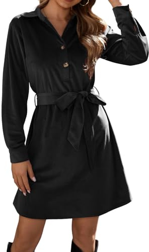 YUTILA Damen Blusenkleid Langarm A-Linien V-Ausschnitt | Hemdblusenkleid mit Bindegürtel, Angenehm, Elegant, Knielang, Casual Business Freizeitkleid für Alltag & Büro