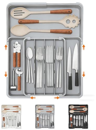 VGE Großer Besteckkasten für Schubladen- Erweiterbarer Schubladen Organizer Küche(Besteckeinsatz), Verstellbar von 32-48 x23.5-38.5cm, Organizer mit Antirutsch, für Besteck, Küchenutensilien& mehr