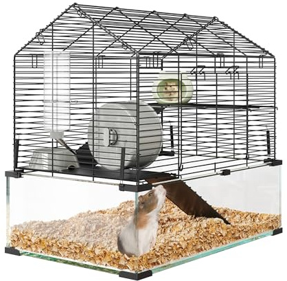 Hamsterkäfig aus Glas und Metallgitter, 360°-Sicht Hamsterlebensraum, Kleintierkäfig 58x39x54 cm, Belüfteter Mäusekäfig mit Wasserflasche, Tragbares Hamsterhaus für Ratten, Meerschweinchen