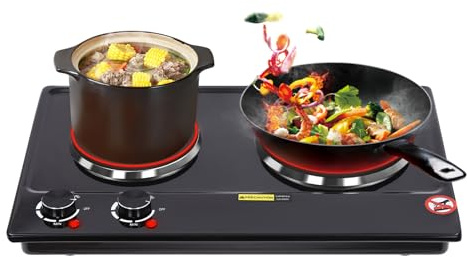 2500 W doppio piano cottura elettrico, 2 zone di cottura indipendenti, controllo della temperatura in 6 livelli, forno compatto per campeggio, cucina, nero, 50 x 31,7 cm (220 – 240 V)