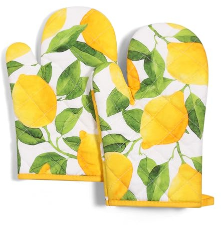 Set of 2 Oven Gloves Lemon Heat Resistant Ovens Mitt 100% Cotton Potholders Yellow Baking Gloves for Home Cooking Kitchen BBQ