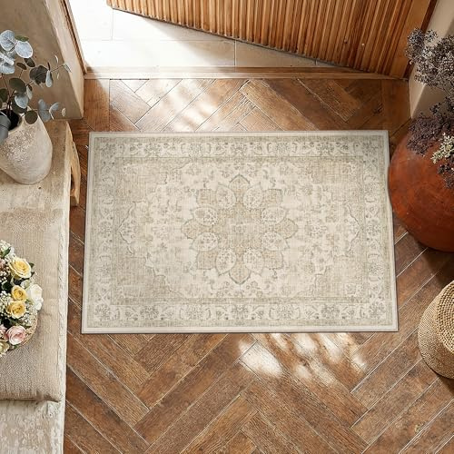 PureCozy Vintage Tapis Entree Beige 60x90cm Rug Lavable en Machine