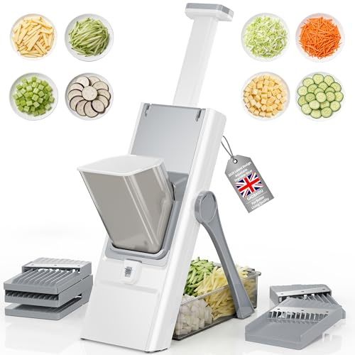 Safe Mandoline Slicer 5 in 1, Vegetable Chopper & Potato Cutter with Detachable Blades | Create Slices, Dices, Strips, Shreds | Dishwasher Safe, Easy to Clean (Grey)