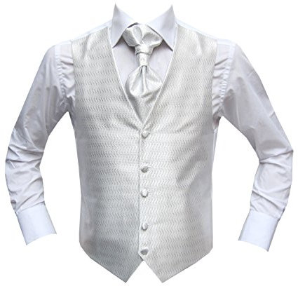 MMUGA Hochzeitwesten Set mit Plastron Wellenmuster Weiß 58