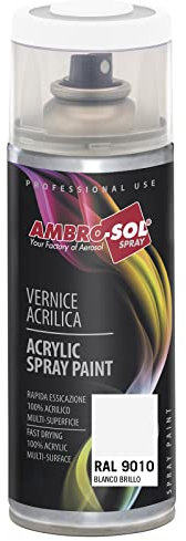 Ambro-Sol - Mehrzweck Acryllack Spray V400PAST3, Hochglanzfarbe für Innen und Außen, Acryl Spray für Alle Materialien, 400 ml Recyclebare Acryl Sprühfarbe Weißblech-Sprühdose - Weiß Glänzend