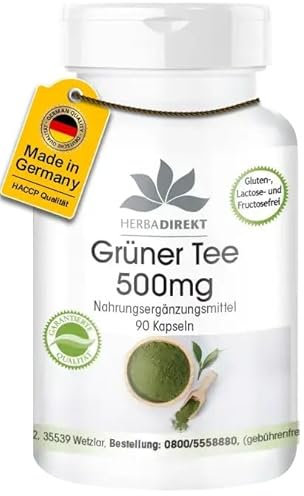 Estratto di tè verde - 90 capsule - 1500mg per dose giornaliera - EGCG - Camellia sinensis - min. 50% di polifenoli - vegano | HERBADIREKT by Warnke Vitalstoffe - Qualità farmaceutica tedesca