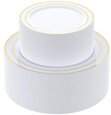 JOLLY CHEF 102 Count Gold Disposable Plastic Plates, Heavyweight Disposable Wedding Plates Set White Party with Gold Rim, Includes 51 Dinner 10 and 51 Dessert 7