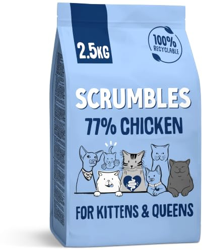 Scrumbles • Dry Cat Food • Hypoallergenic • Kittens & Mums • Chicken 77% • 2.5kg Bag • Natural Complete Adult Recipe • Gut Friendly Prebiotics & Probiotics • Gluten Free
