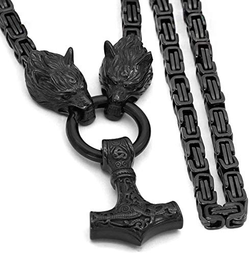 WDBAYXH Thor's Hammer Black Pendant Double Fenrir Wolf Head Heavy Black King Chain Necklace,Handmade Norse Viking Stainless Steel Mjolnir Amulet Scandinavian Celtic Jewelry,60CM