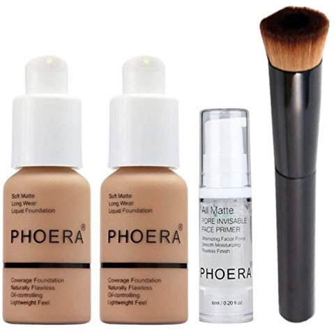 Phoera Foundation Full Coverage Makeup Set – Enthält 2 x Buff Beige 30 ml Matte Foundation, 6 ml Face Primer & Liquid Foundation Pinsel für einfache Anwendung