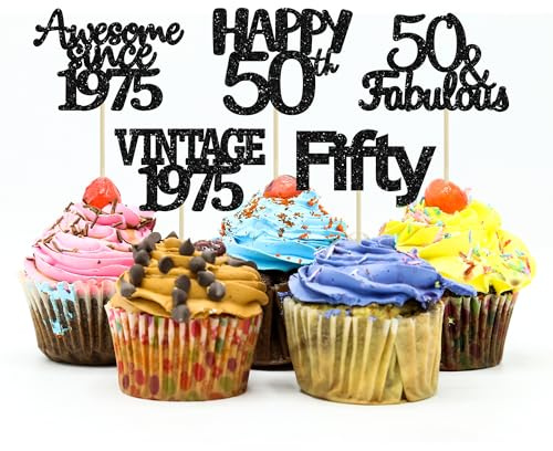 Gyufise 24Pcs Vintage 1975 Cupcake Toppers Awesome Since 1975 Cake Decorations Cheers to 50 Fabulous Fifty Cupcake Picks 50th Birthday Wedding Anniversary Party Cake Decorations Supplies Black