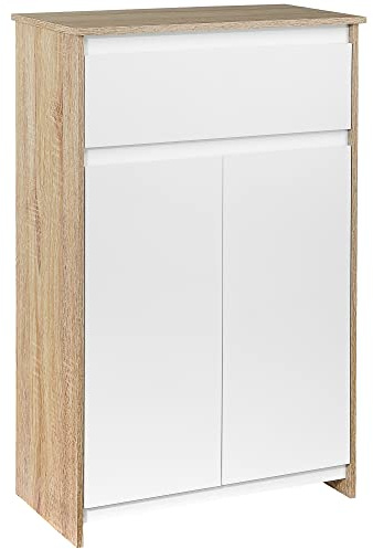 kleankin Badezimmerschrank Badkommode Küchenschrank Badregal Standschrank mit 2 Innenablagen und Einer großen Schublade kippsicheres Design elegant MDF Naturholz+Weiß 60 x 30 x 90 cm
