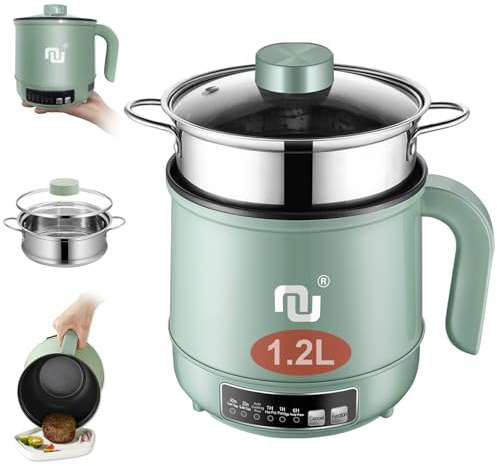 Smart Mini Hot Pot with Timer and Automatic Shut Off 1.2L Non-Stick Rapid Noodle Cooker w Stainless Steel Steamer Basket 600W Quick Cook 5 Cooking Modes for Soup, Rice (1cup) , Porridge, Pasta Great for 1-2 Persons (Green)