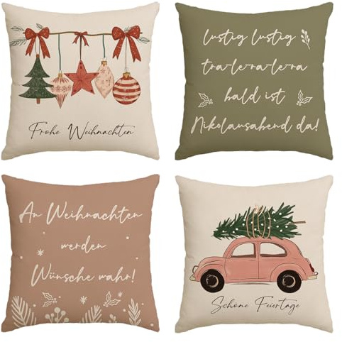 Artoid Mode Kugeln Baum LKW Motto Schöne Feiertage Frohe Weihnachten Kissenbezüge 4er Set, 45x45cm Winter Zierkissenbezug Couch Wohnzimmer Deko