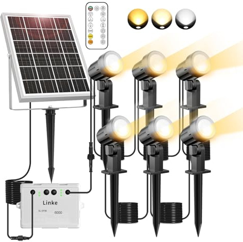 Linke Solar Spot Lights Outdoor Garden, 6 in 1 Adjustable Solar Spotlight | 2700K/4000K/6500K Adjustable, IP66 Waterproof Landscape Spotlights Fence Lights for Yard Lawn Tree Statue