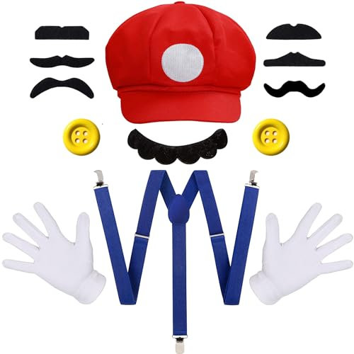 iZoeL Mario Luigi Costume Kits - Mario Hat Mario Cap Mardi Gras Cosplay Costume Accessories for Mario Bros Fancy Dress Carnival Outfit Costume Women Men Kids White Gloves Mustache