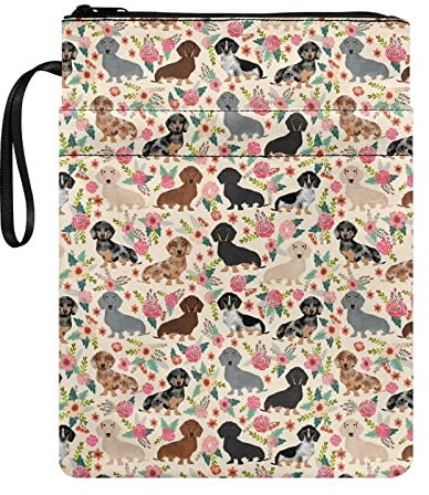 Poceacles Buchhüllen mit Dackel-Blumenmuster, für Taschenbücher und Hardcover, mit Reißverschluss, waschbare Buchschutztasche