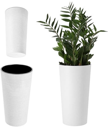 KADAX Pflanzkübel mit Innentopf Weiß Ø 19 cm, Höhe 36.8 cm – Moderner Pflanztopf mit Einsatz, Blumentopf aus robuster Kunststoff für Innen- und Außenbereich, ideal für Wohnzimmer, Balkon, Büro
