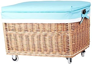 e-wicker24 Alles aus Weide Cassapanca Portaoggetti in Vimini Naturale su Ruote con Morbido Cuscino Sedile Cestino Portaoggetti Intrecciato a Mano con Due Manici Cestino Vintage per Giocattoli
