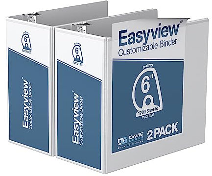 EasyView Premium abgewinkelte D-Ringbücher mit transparentem Deckel, anpassbare 3-Ringbücher für Schule, Büro oder Zuhause, 15,2 cm, Weiß, 2 Stück