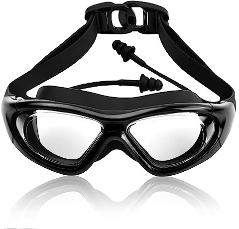 emperoch HD Large Frame Swimming Goggles Adult Adjustable Swimming Diving Goggles Anti-Fog Waterproof Swimming Goggles Set with Earplugs Adult Anti-Fog Anti-UV Diving Goggles(Black)