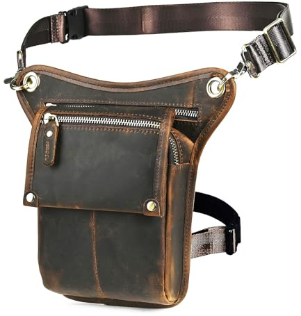Handadsume Tela Resistente All'acqua + Vera Pelle Moto Equitazione Travel Coscia Borsa per Gambe Marsupio in Vita Per Gli Uomini Donne 2141 211-5 (100% Vera Pelle-X4-Marrone)