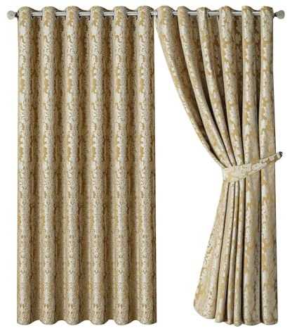 OpulentDreams Jacquard Curtains - Heavy Ring Top Window Curtains for Bedroom & Living Room - Fully Lined - Includes Two Tie Backs - Pair of Panels (Gold - Eyelet, 90 x 90 (228 x 228 cm))