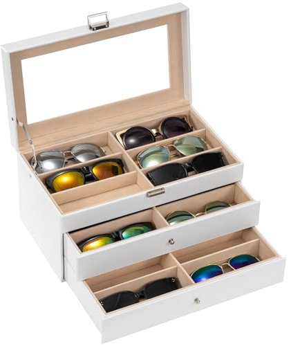 ProCase Porta Occhiali Multiplo 3 Strati, 18 Slots Organizer Occhiali da Sole in Pelle, Occhiali Espositore Scatola Portaocchiali Organizzatore Occhiali per Donna Uomo -Bianco