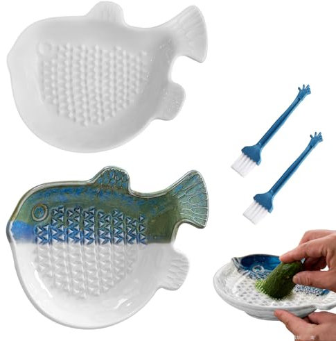 TOATELU Rallador de Cerámica para Ajos y Jengibre en Forma de Pez Globo con Cepillo