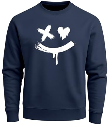 Neverless® Sweatshirt Herren mit Aufdruck Motiv Smile Print Rundhals-Pullover Fashion Streetwear Navy L