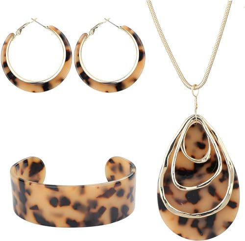 fdsmall Acryl Schmuck Set für Frauen Leopard Halskette Armband Dangle Ohrringe Gepard Böhmischer Schmuck Harz Boho Armband Party Zubehör für Braut Prom Kostüm für Frauen Mädchen