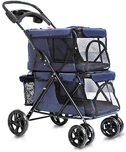 JKSVTF Double Dog Stroller Double Dog Stroller Pet Stroller Dog Duo with 2 Buggy Double Dog Stroller Folding Travel Carriage for Pets & Cats Max Loading 20kg (Blue)