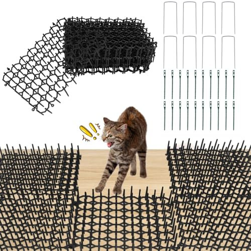 12 Plastic Spikes Repellent Mat, 20x15cm Animal Barrier Thorn Grid, Flat Prickle Strip Dig Stopper, Thorn Grid Against Cats with U-Shaped Nail and Ties, Reusable Anti Cat Mats for Indoor Outdoor