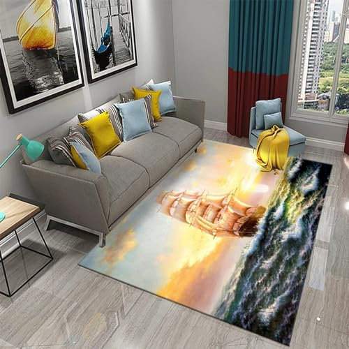 3D Gedruckter Teppich Ölgemälde Segelboot Sonnenuntergang Meereslandschaft Landschaft Wohnzimmer Schlafzimmer Anti Rutsch Carpet Kinder Mädchen Jungen Zimmer Spielen Krabbeln Fußmatten 120 X 1-6L0Z1F