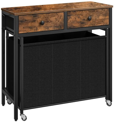 HOOBRO Carro de Ropa Sucia, Cesta Colada Móvil con Ruedas y 2 Cajones, con 3 Compartimentos de 30 L, Clasificador de Ropa con Almacenaje, Marrón Rústico y Negro EBF79XY01