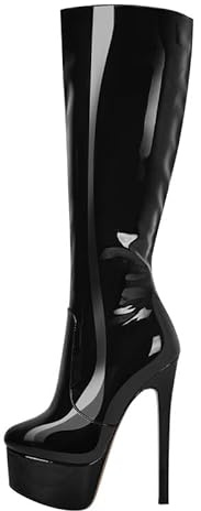 blingqueen Stivali con plateau elasticizzati, al ginocchio, con tacco alto, laccati, Nero , 39 EU