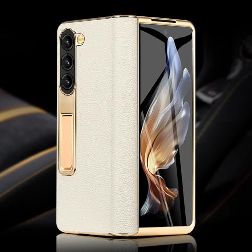 Leder-Handyhülle für Samsung Galaxy Z Fold 5 4 3 Fold4 Fold5 Vergoldete magnetische Scharnier-Ständerabdeckung mit Spiegelfolie, 6, für Samsung Galaxy Z Fold 4