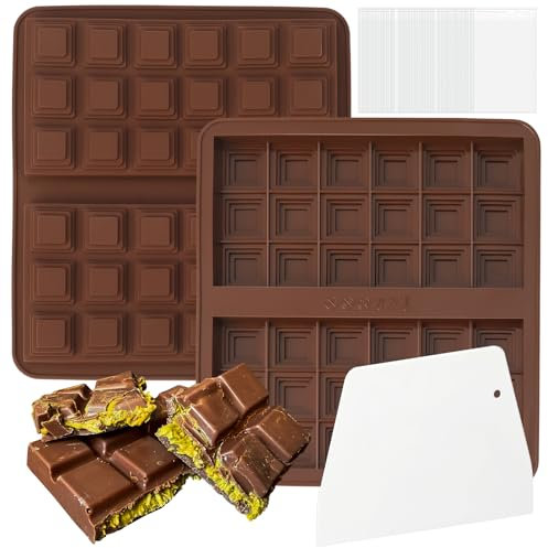 Xialvyu Schokoladenform Silikon,2 Stück Silikonform Schokolade mit 1 Schaber und 100 Stück Beuteln,Schokoladentafel Silikonform für Schokolade Praline Süßigkeiten