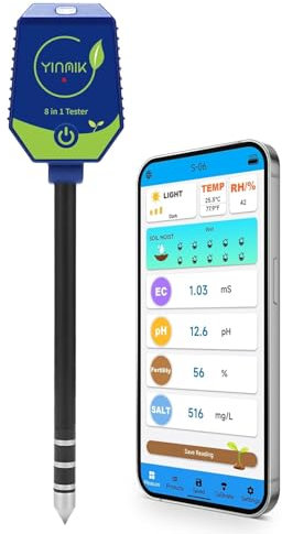 Intelligentes Bodentest Kit, 8 in 1 pH/Feuchtigkeit/EC/Fruchtbarkeit/Salz/Sonnenlichtintensität/Luftfeuchtigkeit/Temp, pH Meter Hygrometer für Gewächsh,pH Leitfähigkeitsmessgerät für Hydrokultur