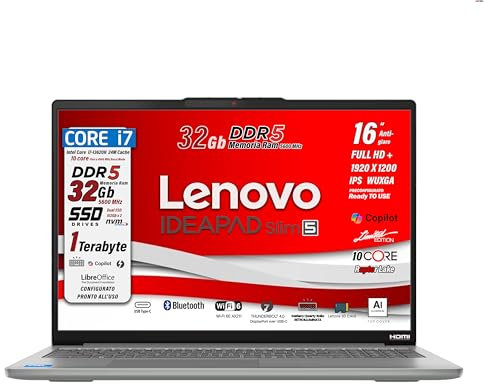 Lenovo, pc portatile Notebook, i7 13620H 13Th, DDR5 32Gb, Display WUXGA 16 IPS FHD+, SSD 1Tb (2 X 512Gb), Wi-Fi 6, Bt, USB Thunderbolt, Tastiera retroilluminata, Win11 Pro, Pronto all'Uso