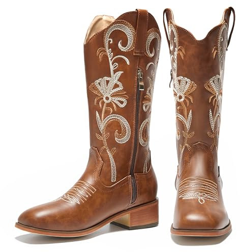 CouieCuies Damen Bequeme Cowboystiefel Niedriger Absatz Westernstiefel Bestickt Cowgirl Stiefel Pull on Mid Calf Mexikanische Stiefel Braun Größe 40
