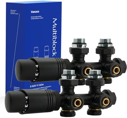 VANCOCO 2er Set Thermostat Hahnblock 50mm Eurokonus Heizkörper Armaturen | Schwarzer Hahnblock 50mm Nabenabstand, Eck & Durchgang, passend für Heizkörper Badheizkörper Eurokonus