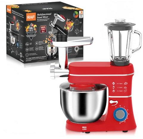 Fablestoryem 5-in-1 Amasadora Multifuncional 10 L Batidora Amasadora con Batidora de 1,5 L y Picadora de Carne Robot de Cocina Procesador de Alimentos para La Mayoría de La Cocina Casera,Red