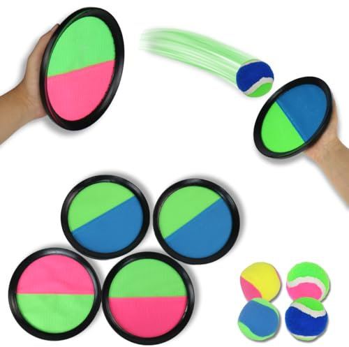 DEEMEIS Klettballspiel Set für Kinder ab 3–10 Jahre – Wurf- & Fangspiel mit 4 Scheiben & 4 Bällen für Draußen, Garten, Strand, Indoor – Outdoor Spielzeug Geschenk für Jungen & Mädchen