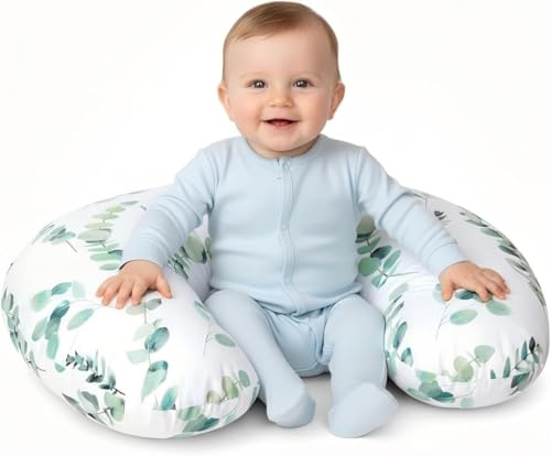 Little Grape Land Nursing Pillow for Infants, Breastfeeding Pillows, Baby Support Pillow for Nursing, Bottle Feeding, Tummy Time with Machine Washable Cover & Breathable Filling (Green Leaves)