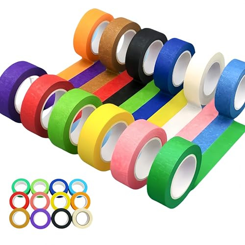 JiaaOne Coloured Masking Tapes Set for Painting, Rainbow Crepe Paper Painters Tape, Residue-Free & Writable, Coloured Craft Tape for DIY, Gift Wrapping, Office Labeling & Scrapbooking (12, 10mm*13m)