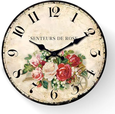 GOEDCH Orologio da parete vintage Shabby Chic: orologio da cucina silenzioso in legno retrò da 30,5 cm, silenzioso, senza ticchettio, motivo floreale, per soggiorno, camera da letto, cucina, ufficio