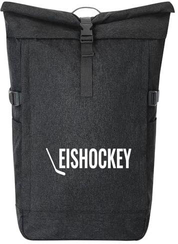 Huuraa Kurierrucksack Eishockey Hockey Geschenk | 30-44 Liter Backpack Black Melange Fairtrade Rolltop Rucksack Geschenkidee Schwarzer Laptop-Rucksack passend für 17-Zoll