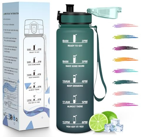 HoneyHolly Gourde 1L, Réutilisable, Water Bottle Sport, Marqueur Horaire, Bouteille, Étanche, Portable, Gourde Graduée pour Salle de Sport, Vélo, Bureau, Extérieur, École, Bouteille Eau, Water Bottle